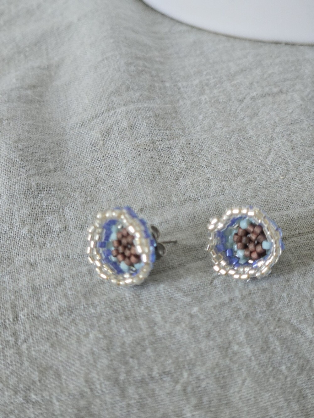 New Handmade Beaded Stud Earrings in Blue and Cream